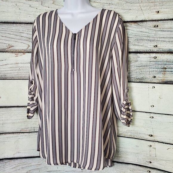 Maurices Women’s Blouse L Gray Burgundy Striped Long Sleeve Zip Front - Picture 2 of 8